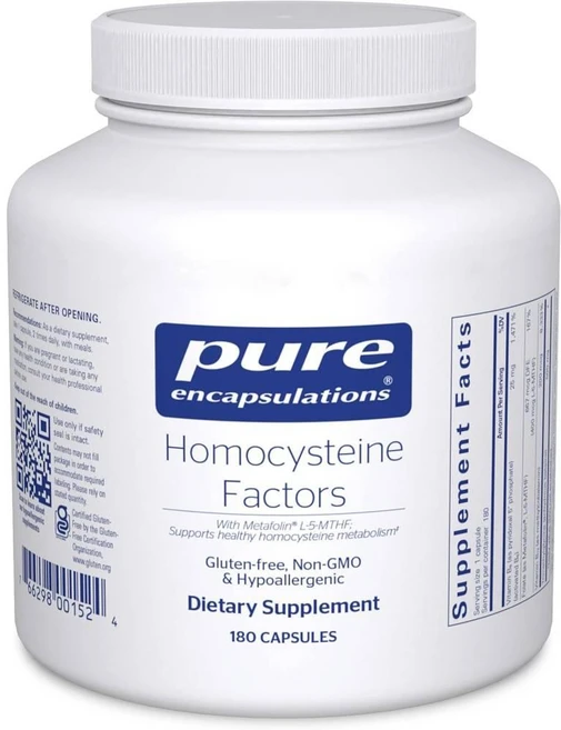 Pure Encapsulations Homocysteine Factors 퓨어 인캡슐레이션 엽산 비타민 B12 B6 트리메틸글리신 지용성 C 함유 180정, 1개 - 쿠팡