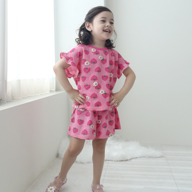 프릴치마바지세트 샤랄라딸기 여아 여름 외출상하복 핑크투피스 편하고 시원한 아기외출복