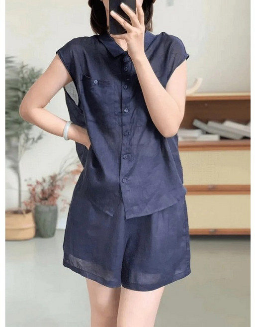 Kingfishe 여성 여름 패션 민소매 블라우스 반바지 세트 ru626DY5