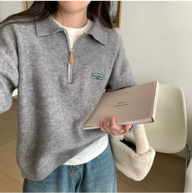 모몰라티 여성 루즈핏 완전 부드러운 니트 반집업 카라넥 스웨터 티셔츠