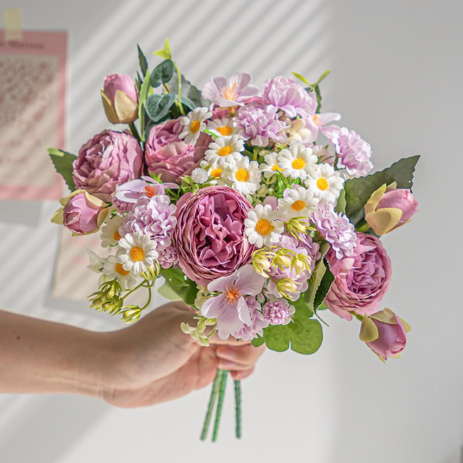 화예원 성묘 조화 꽃다발 생화같은 데이지 카네이션 산소 꽃 납골당 미니 꽃다발, 1개, 퍼플