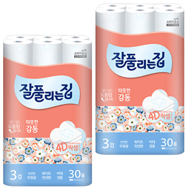 잘풀리는집 따뜻한감동3겹 25m30롤 2팩/화장지/휴지, 30개입