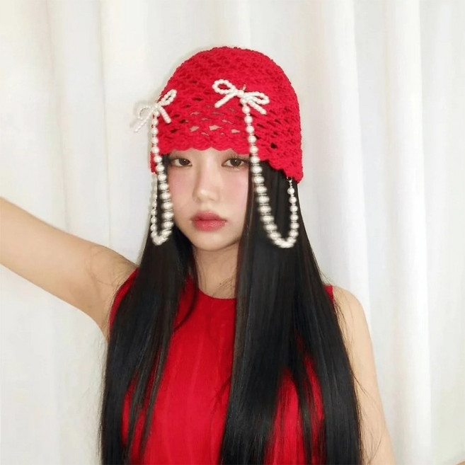 하이유니 발레코어 진주리본 태슬 니트 비니 모자