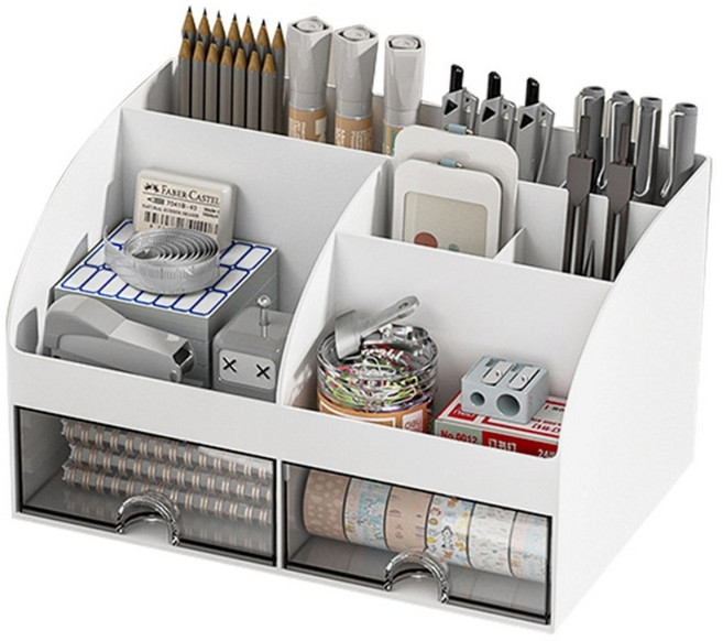 연필꽂이 서랍식 데스크 수납함 21.1 x 14.2 x 12 cm, 화이트, 1개