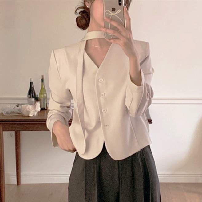 예쁨시전 무드 정장 하객룩 오피스 브이넥 타이 긴팔 가디건 자켓