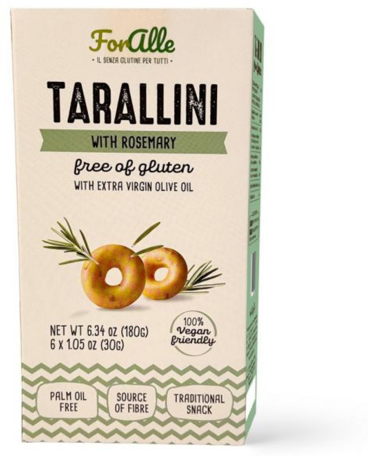 로즈마리와 엑스트라 버진 올리브 오일이 함유된 알레 글루텐 프리 타랄리니 6x1.05온스(6.34온스) – 전통적인 이탈리아 퍼글리시 스낵. 오븐에 구운. 비건. 콜레스테롤, 6.34 Ounce (Pack of 1), 30g