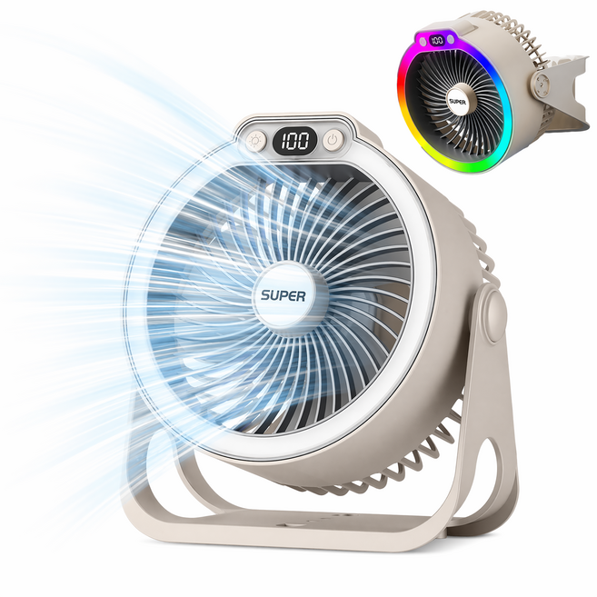 Craftsy LED 무드 조명 탁상용 선풍기 360도 상하회전 BLDC 모터 캠핑 사무실 걸이형 휴대용 무선 저소음 대용량 배터리 선풍기, 베이지, K8