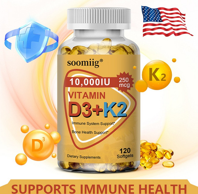 D3+K2 보충제 - 관절 뼈 및 면역 건강을 위한 1000 IU(250mcg) 비타민 D 및 K 복합체 비 GMO 쉽게 삼킬 수 있음, 120캡슐-3병, 120정, 3개
