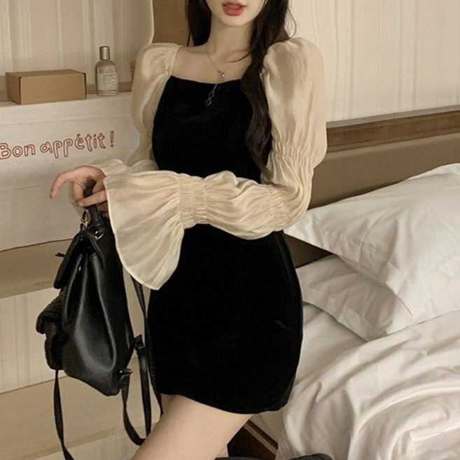 cammello 벨벳 미니 원피스 쉬폰 퍼프소매 벨루어 슬림핏원피스 파티룩 연말룩