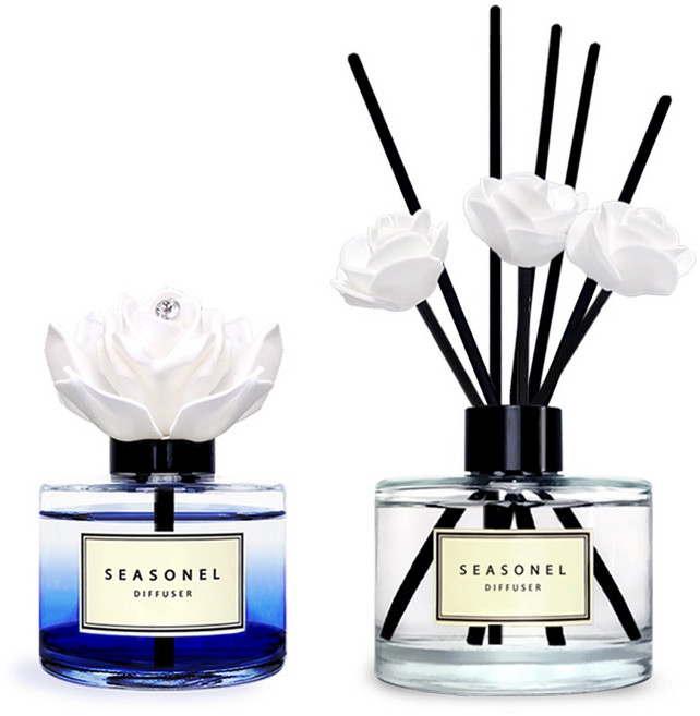 시즈넬 차량용 방향제 120ml 화이트 로즈+실내용 디퓨저 200ml 미니로즈 (로즈 세트), 1세트, 자스민향