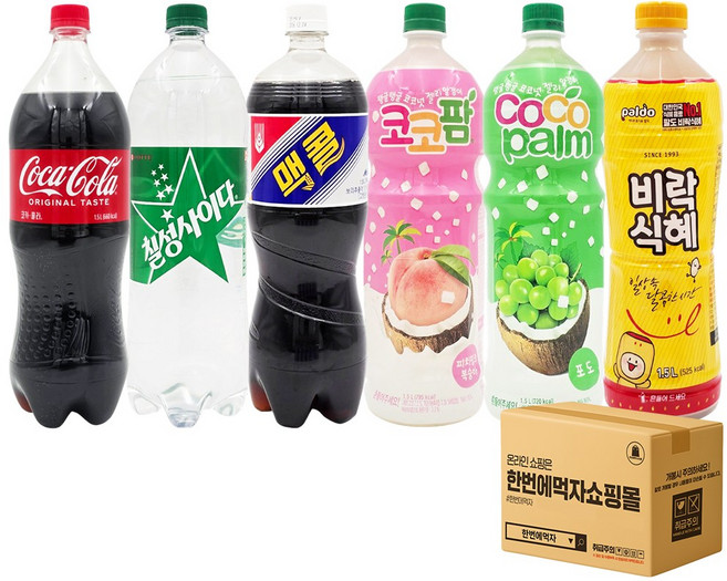 [한번에먹자] 1.5L 인기음료 조합세트 / 코카콜라 + 칠성사이다 + 맥콜 + 코코팜 복숭아 + 코코팜 포도 + 비락식혜 / 각1개씩, 6개