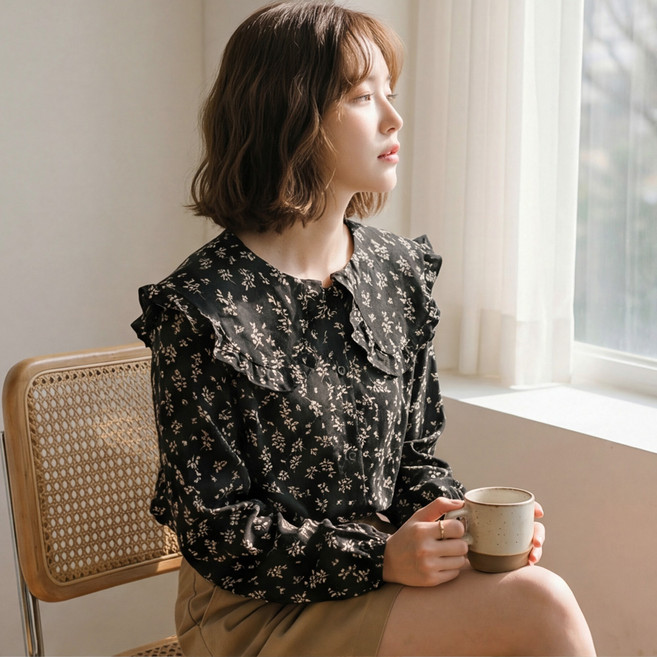 유빈프 빅사이즈 여성 잔꽃 프릴 빅카라 쉬폰 긴팔 블라우스