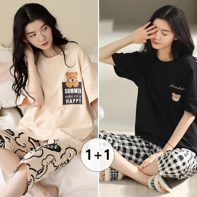 1+1 여성 여름 잠옷세트 귀여운 곰돌이 홈웨어 반팔 7부바지 상하세트