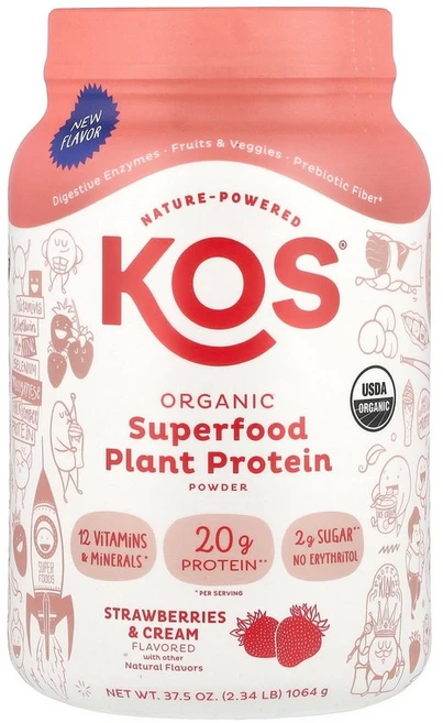 KOS 유기농 슈퍼 푸드 식물성 단백질 분말 딸기 & 크림 1 064g(2.34lb) KOS (코스), 1061 g, 1.064kg - 쿠팡