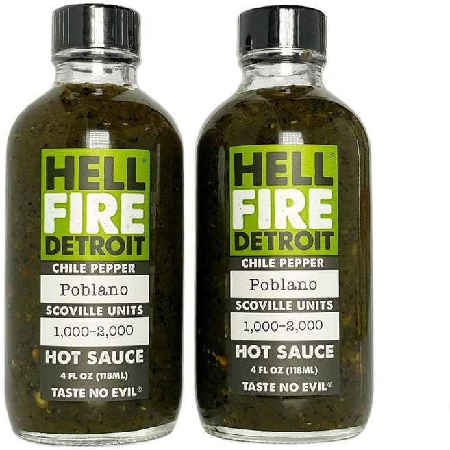 헬 파이어 디트로이트 포블라노 핫 소스(순한) 신선하고 불에 구운 칠레 고추 천연 글루텐 프리 저나트륨 u2013 4 Fl Oz (2팩)로 제작되었습니다, 14 Poblano, 2-Pack, 118ml