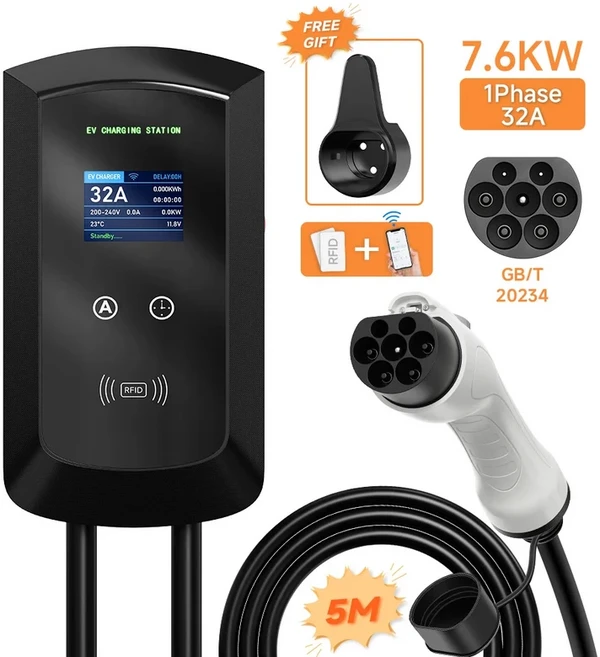 AFEEV 충전 스테이션 GBT 20234 전기차 충전기 EVSE 월박스 와이파이 블루투스 앱 리모컨 22KW 32A 3 상 7., 01 GBT, 03 7.6KW 32A 1 Phase