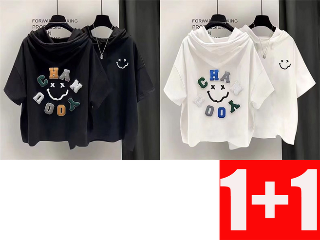 지고다그 1+1여름 남녀공용 후드 반팔티 캐주얼 자수 레터링 웃는얼굴 포인트 티셔츠 ZXC42078