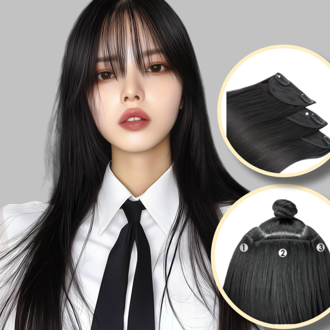 비와이 롱 헤어 3피스 붙임머리 직모 가발 60cm, 1개, 자연 블랙