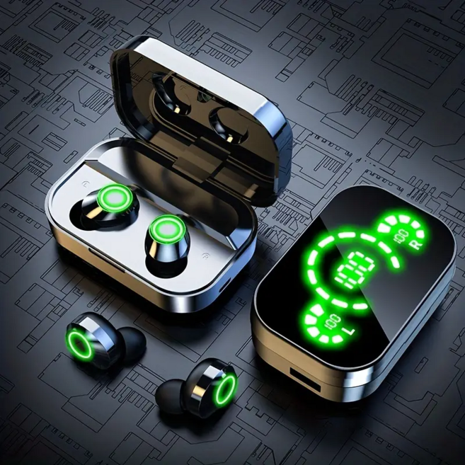 Bluetooth 헤드폰 무선 헤드폰 LED 디스플레이 터치 인이어 TWS 무선 헤드폰 스포츠 음악 게임 헤드폰, Black