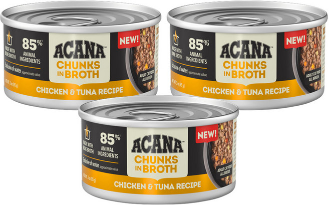 아카나 청크 인 브로스 치킨 참치 레시피 전연령 고양이 습식캔, 3개, 85g, 닭+참치