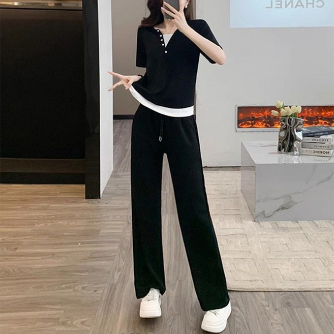 TKX 여성 반팔 티셔츠 와이드 팬츠 세트 캐주얼 데일리 편안한 루즈핏 트레이닝 투피스 홈웨어