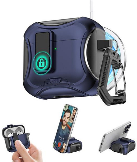 에어팟 4 3 2 1 프로 잠금 락 스위치 마그네틱 무선충전 브래킷 거치대 이어폰 젤 하드 범퍼 키링 케이스, 블루 sap1606, 에어팟프로1, 1개