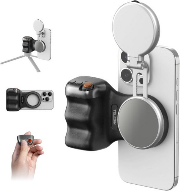 TELESIN 펀 샷 마그네틱 휴대폰 카메라 그립(블랙)+ C03 셀카 라이트 번들 키트 iPhone Magsafe 및 Android와 호환 셀카/사진/틱톡/줌 통화/비디오
