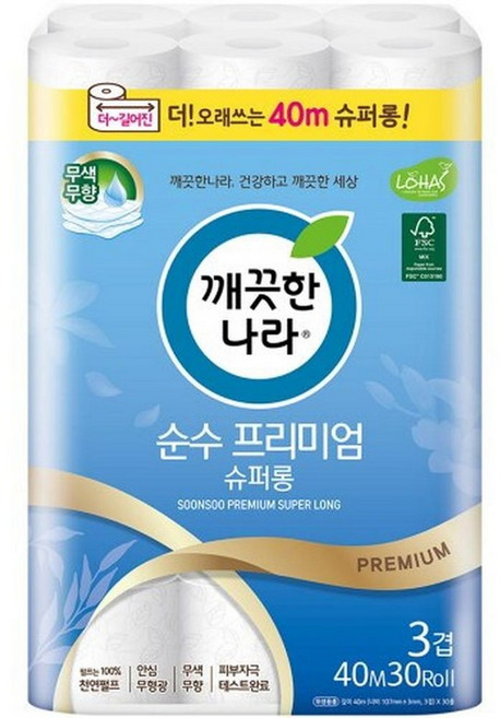 깨끗한나라 순수 프리미엄 슈퍼롱, 40m, 30롤, 6개