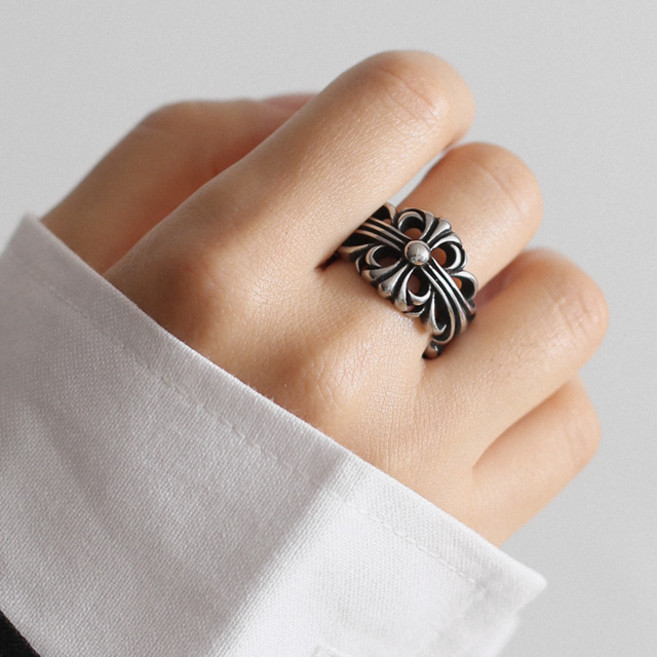 [당일출고] 플라워 문양 써지컬스틸 러프 볼드 오픈링 반지