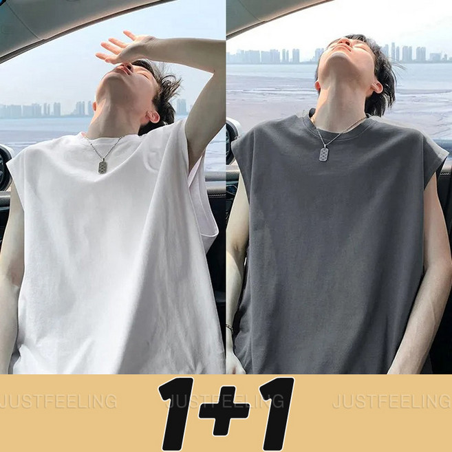 1+1 오버핏 무지 나시 민소매티 빅사이즈 루즈핏 헬스 나시티 기능성 남성 2장세트 JUSTFEELING