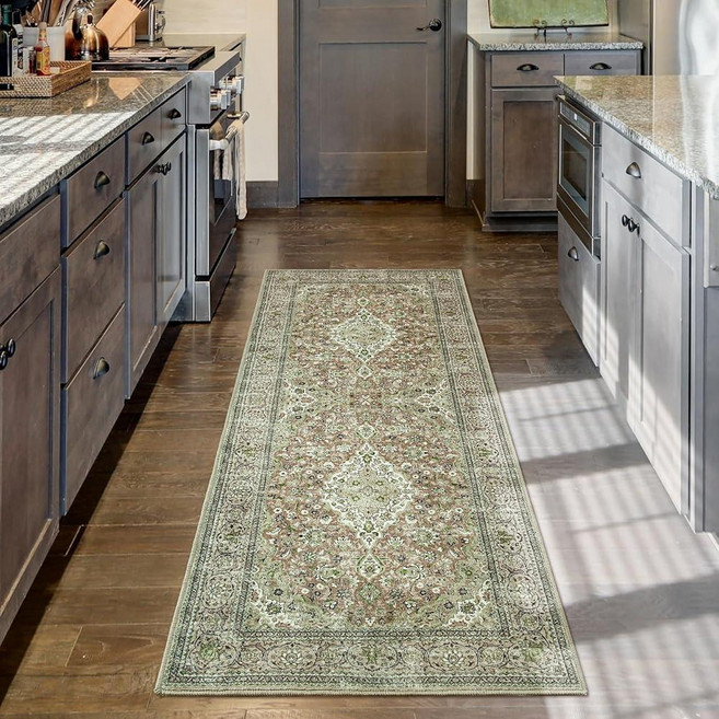 Goideal Washable Rug 8x10 Vintage Area Rugs Non Slip Indoor Low Pile Carpet with Rubber Backing, 그린/라이트 브라운
