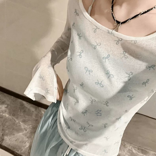 彩諾 U領微透薄款喇叭袖蝴蝶結T恤女
