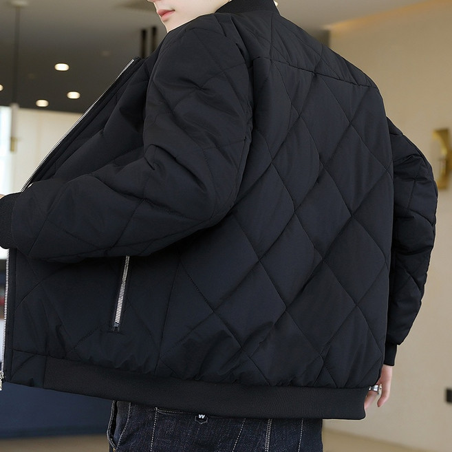 秋冬新款男士立領棉衣 加厚加絨保暖防風菱格外套 黑色 4XL