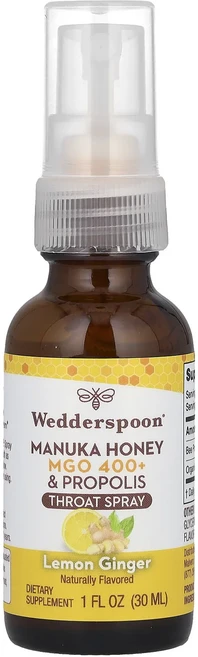 몸관리하세요 겨울입니다 Wedderspoon 마누카 꿀 및 프로폴리스 인후 스프레이 레몬 생강 MGO 400+ 30ml(1fl oz) 특별관리진행, Wedderspoon 마누카 꿀 및 프..., 1개, 30ml - 쿠팡