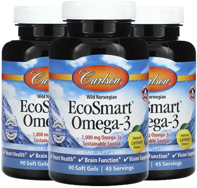 칼슨 노르웨이 자연산 EcoSmart 오메가3 천연 레몬맛 1 000mg 90소프트젤(소프트젤 1정당 500mg), 3팩, 90정 - 쿠팡