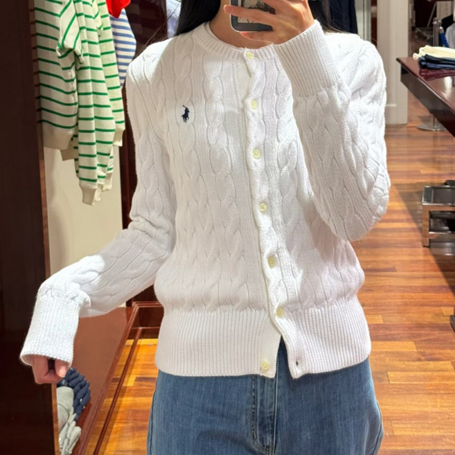 폴로랄프로랜 여성 면 꽈배기 니트 코튼 케이블 카디건 화이트