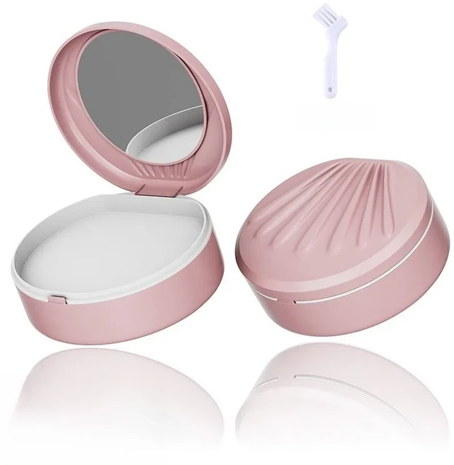 휴대용 교정기 보관함 (거울 포함) 치아 유지장치케이스 세척 정리함 범용 플라스틱, 01 핑크 화이트 브러쉬 증정 2단 거울형