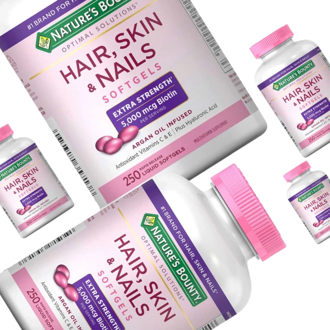 네이처스 바운티 헤어 스킨 네일 비오틴 옵티멀 솔루션 엑스트라 스트렝스 5000mcg 아르간 오일 소프트젤, 5개, 250정 - 쿠팡