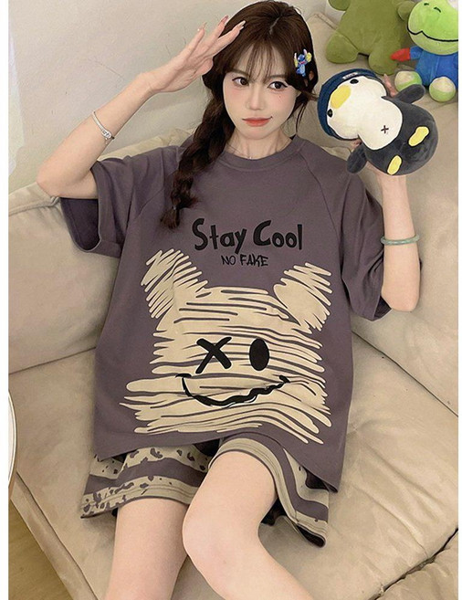 제이베니-769 스탠다드핏 통기성 우수한 파자마 순면 잠옷 반팔 캐릭터 빅사이즈 여성 홈웨어 세트