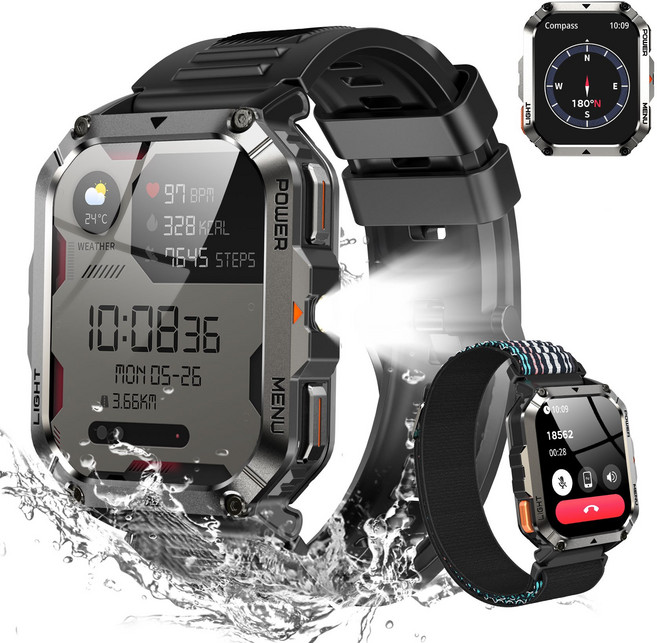 IOWODO W70 Pro 아웃도어 스마트워치 2.01인치 대형 화면 방수 먼지충격 방지 나침반 손전등 기능, 블루투스, 4.1cm, 검은색