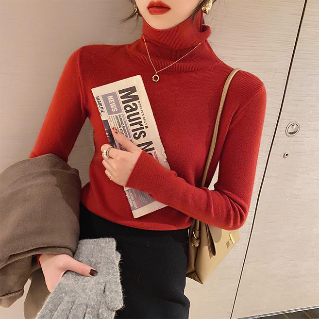 【Helena】柔美色系高領長袖打底衫 素色針織上衣 柔軟保暖修身顯瘦韓版套頭 毛衣 發熱衣 女裝【A2189】