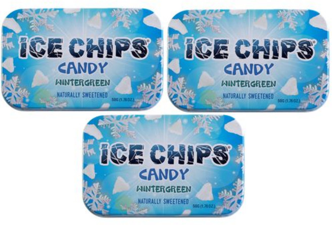아이스 칩스 자일리톨 캔디 틴 (윈터그린 3개 팩) - 보 ICE CHIPS Xylitol Candy Tins 5.28 oz total (Wintergreen 3 Pack) -, 윈터그린, 3팩, 148g, 1개