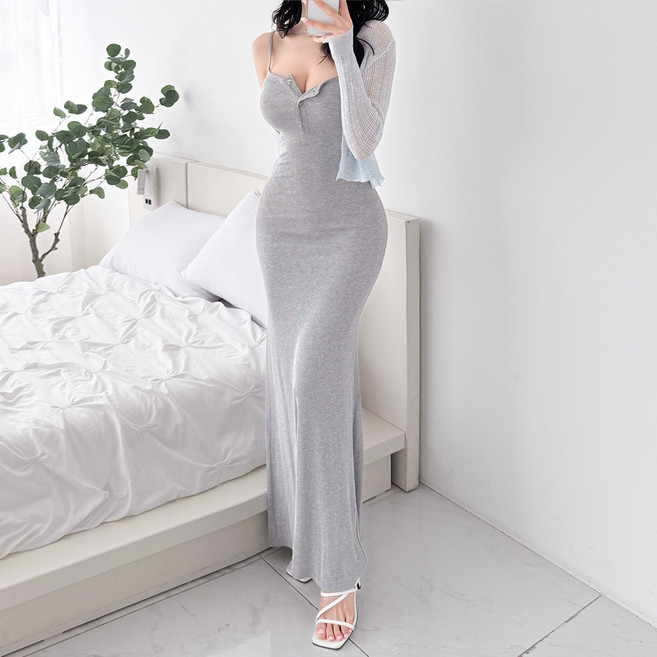 글램디브 로야르 쫀쫀한 버튼 슬림핏 맥시원피스 AA0490