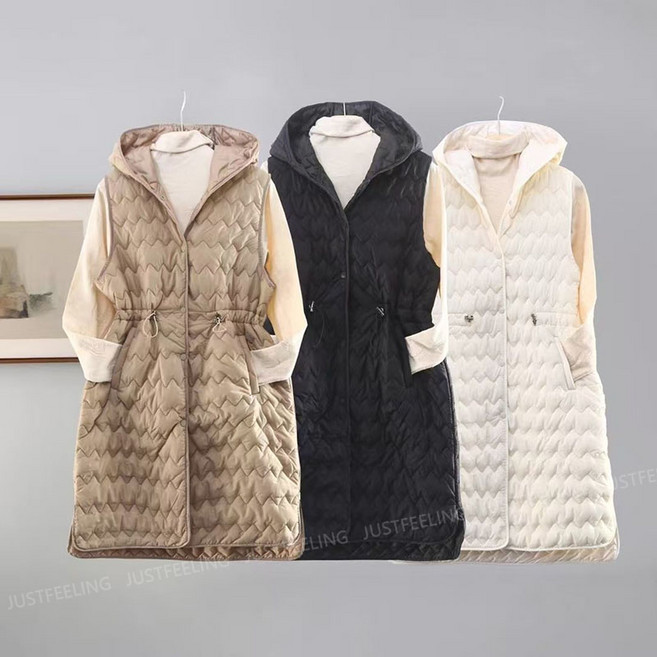 JUSTFEELING 2XL-5XL 허리스트링 후드 경량패딩조끼 깔깔이 따뜻한 롱 패딩조끼 편하게 가을 겨울 민소매 패딩코트 점퍼 3컬러