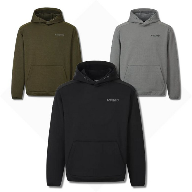 [백화점정품] 디스커버리 후드티 기모 그리드패턴 캥거루포켓 세미오버핏 캠핑 등산 야외활동