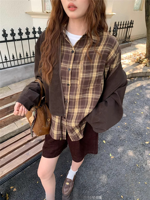 【復古慵懶風】格子襯衫 襯衫外套 韓版襯衫 長袖襯衣 寬鬆上衣 美拉德色系 早秋新款 百搭休閒 女裝上衣