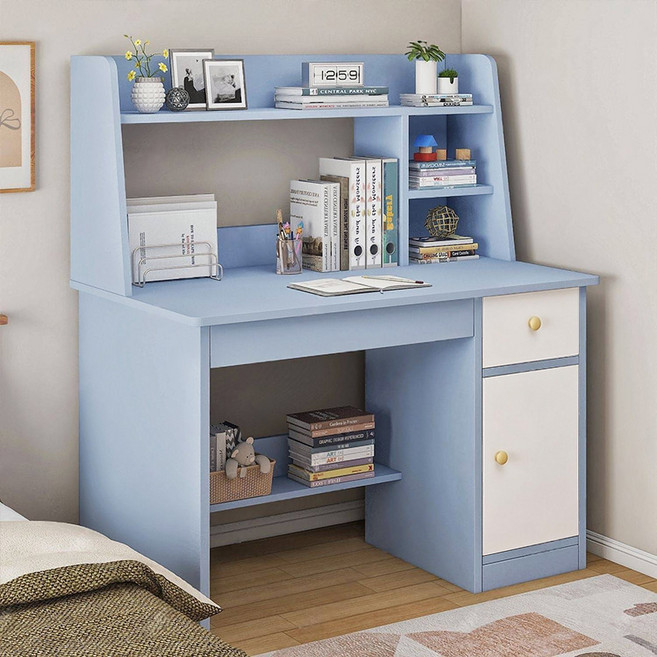 다용도 1인용 공부책상 가정용 서랍 책상 책꽃이책상 학생 책상, 블루