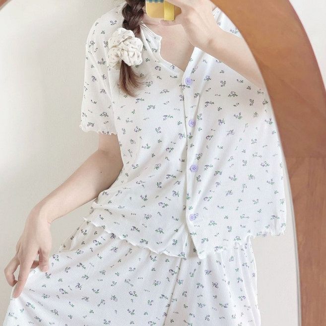라랄라 빅사이즈 쫀쫀골지 플라워 상하세트 홈웨어 잠옷 ( 2XL 빅플러스사이즈)