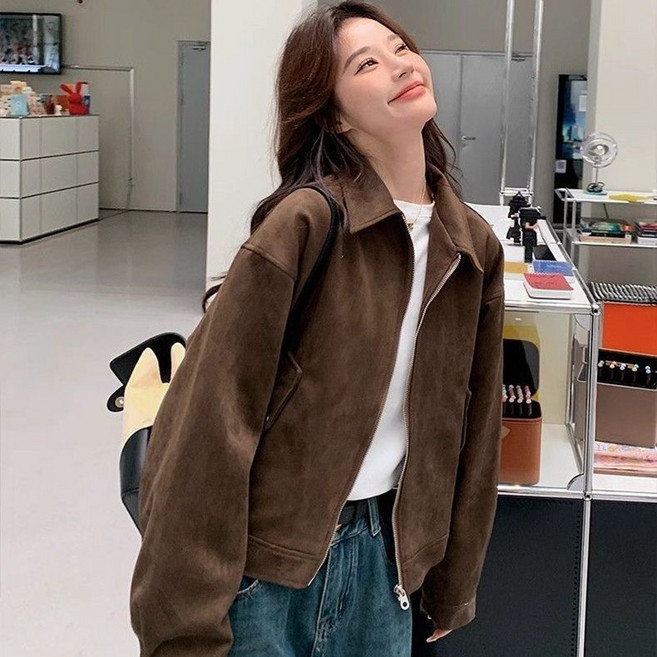 봄 가을 여성 스웨이드 코트 캐주얼 간절기 코트 루즈핏 기질 여자 터틀넥 집업 점퍼 LPC