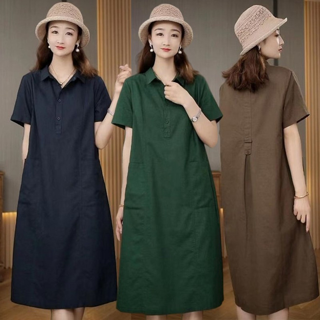 순색 면 마 원피스 여름치마 린넨 반팔 카라원피스 심플 포켓 미디스커트